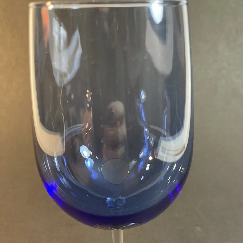 Pier 1 Hand Blown Pantiago Blue & Clear Wine Glass 9 1/8